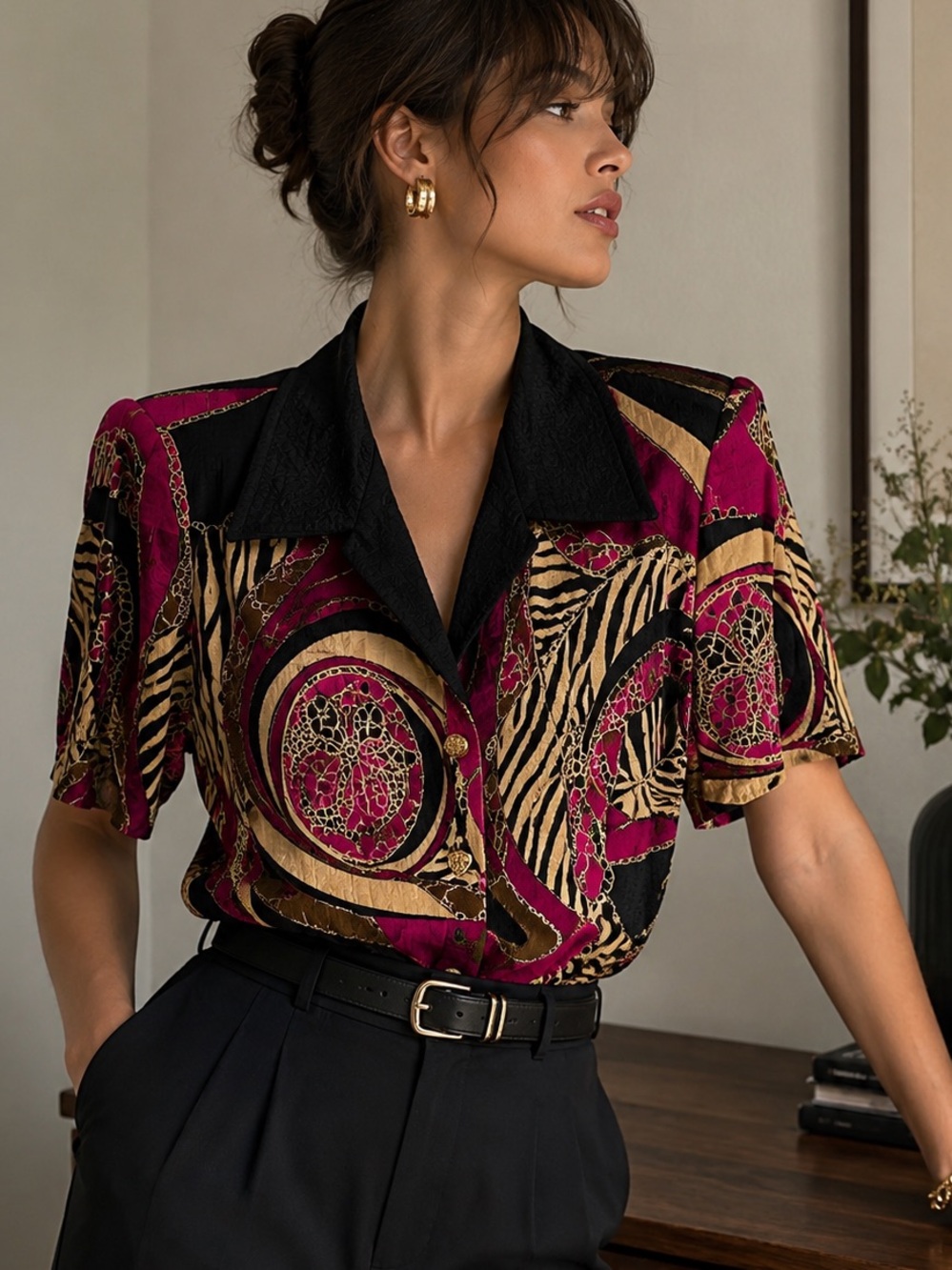 Vintage R&K Originals 90s Abstract Animal Print Blouse Sz 10 Shoulder Pads